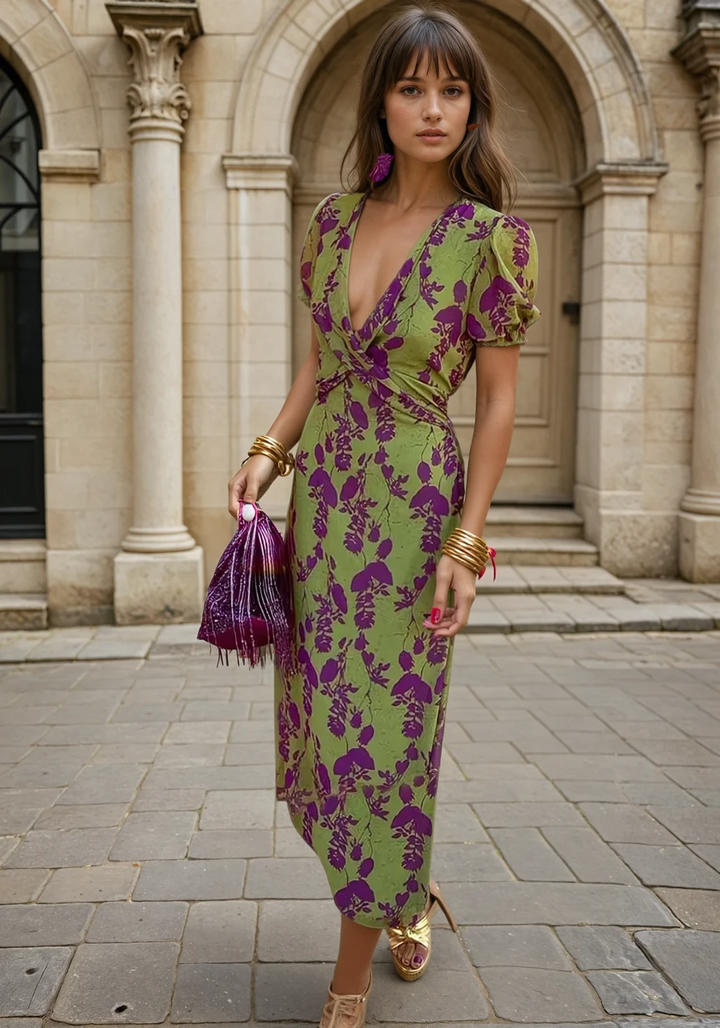 Florencia™ | Midi Wrap Jurk in Groen & Paars
