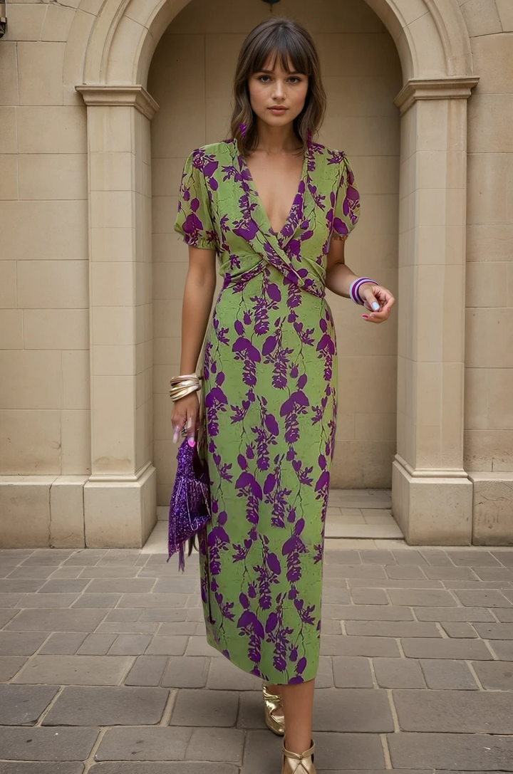 Florencia™ | Midi Wrap Jurk in Groen & Paars