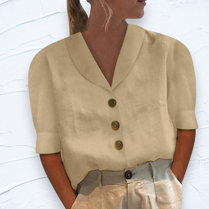 Retro-Chic Button-Up Blouse met Geknoopte Voorkant