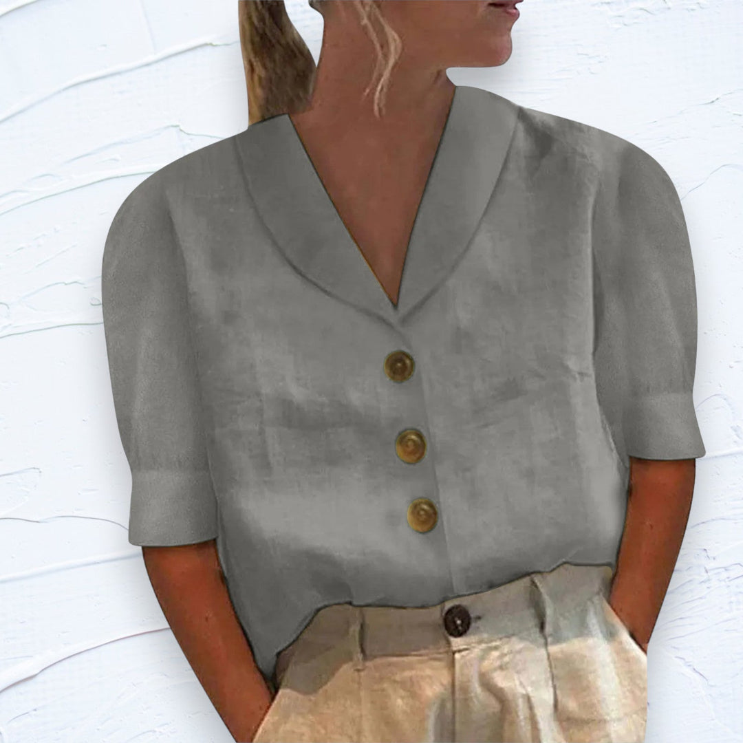 Retro-Chic Button-Up Blouse met Geknoopte Voorkant